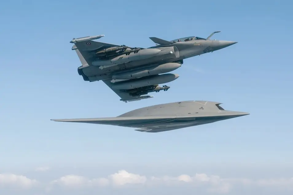 Dassault Rafale flying in formation with the nEUROn stealth drone Dassault Rafale flying in formation with the nEUROn stealth drone