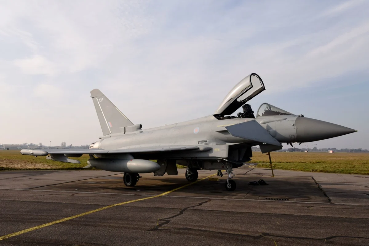 A Royal Air Force Eurofighter Typhoon aircraft from RAF Coningsby stop by RAF Mildenhall A Royal Air Force Eurofighter Typhoon aircraft from RAF Coningsby stop by RAF Mildenhall
