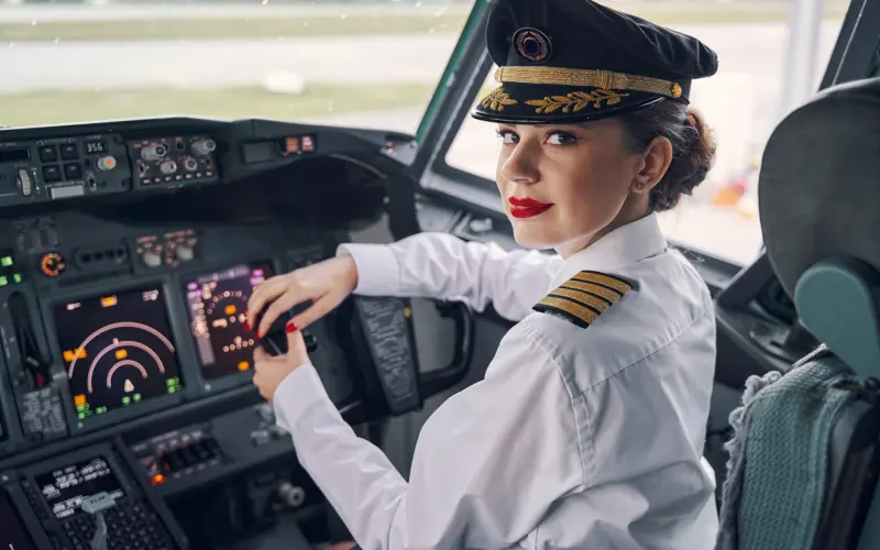 Lady pilot posing for the camera in the cockpit