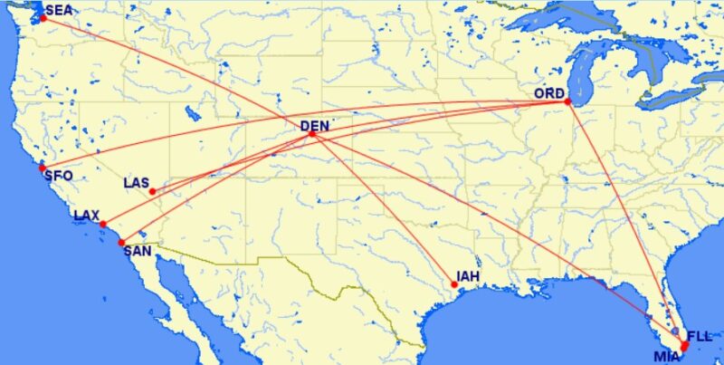 Typical Transcontinental Flight Routing Map Analyzing a week of operations for four commercial aircraft