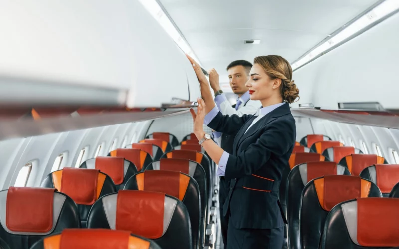 Two flight attendants in a cabin