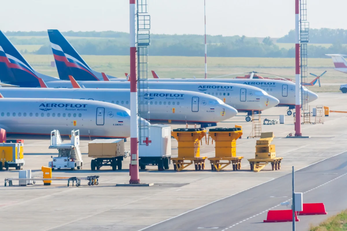Group of parked Aeroflot airplanes