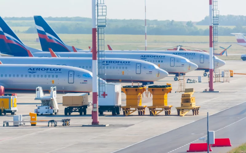 Group of parked Aeroflot airplanes