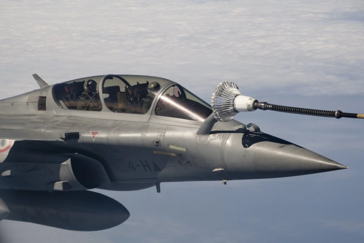 French Rafale B fighter jet receives aerial refueling French Rafale B fighter jet receives aerial refueling
