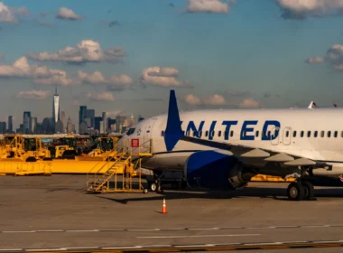 A United Airlines Jet reloads on the runway at Newark Liberty Airport