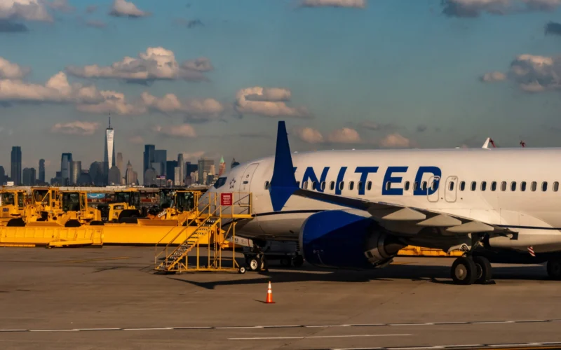 A United Airlines Jet reloads on the runway at Newark Liberty Airport