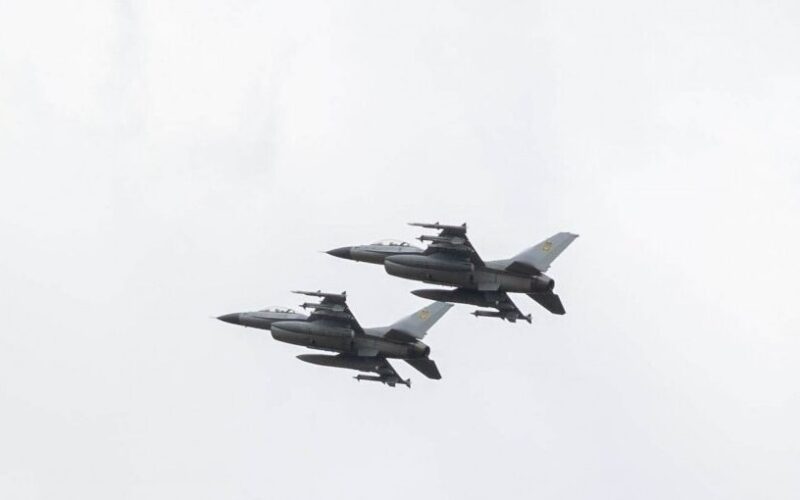 Two Ukraine F 16 fighter jets flying