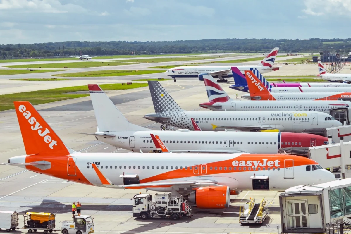 easyJet aircraft at London Gatwick Airport easyJet aircraft at London Gatwick Airport