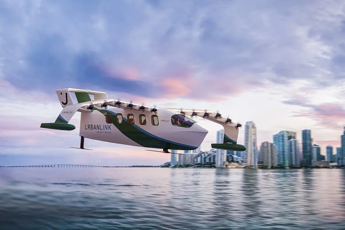 Miami wide panorama of urban skyline at beautiful sunset vivid and dramatic sky REGENT Seaglider in Urbanlink livery