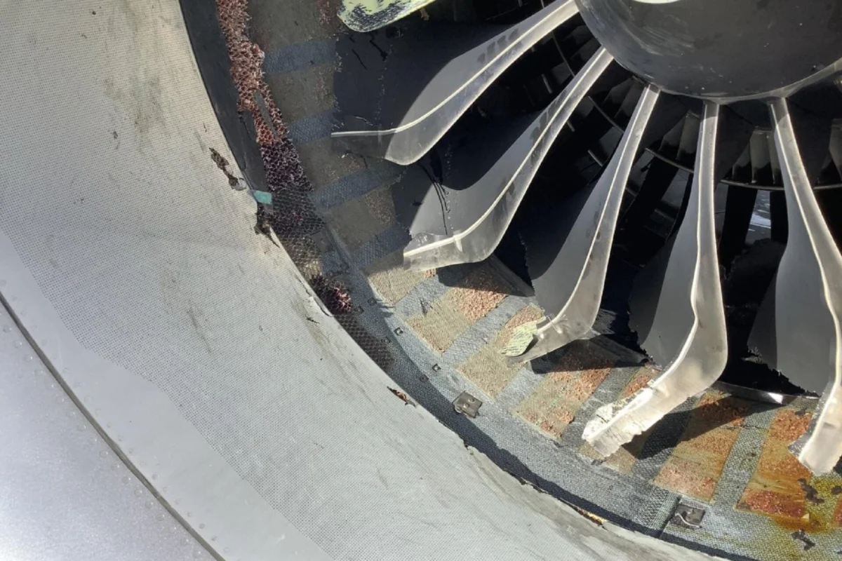 Close up photo of damage to the left Southwest Airlines engine Close up photo of damage to the left Southwest Airlines engine