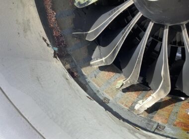Close-up photo of damage to the left Southwest Airlines engine
