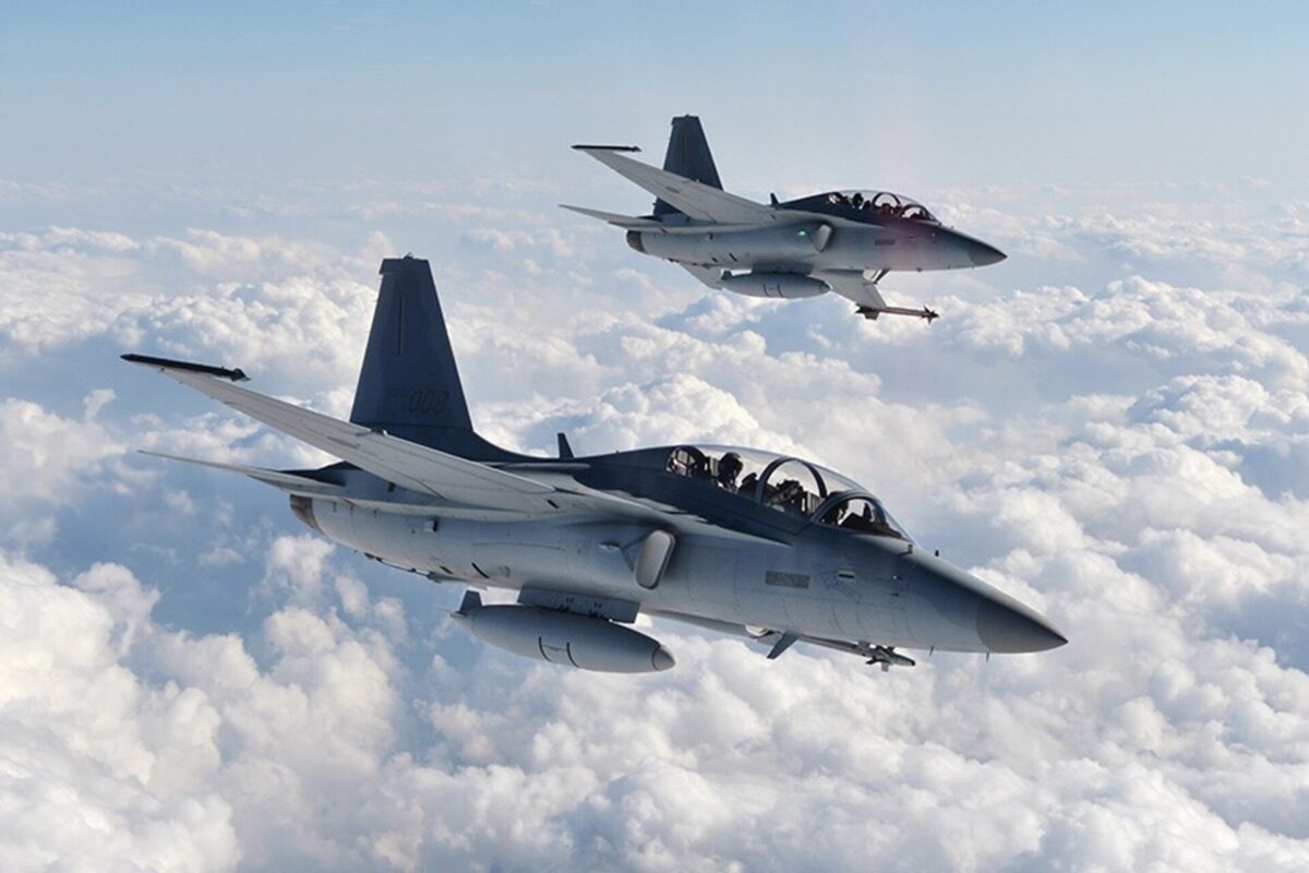 Two KAI FA 50 light combat jet flying in formation Two KAI FA 50 light combat jet flying in formation