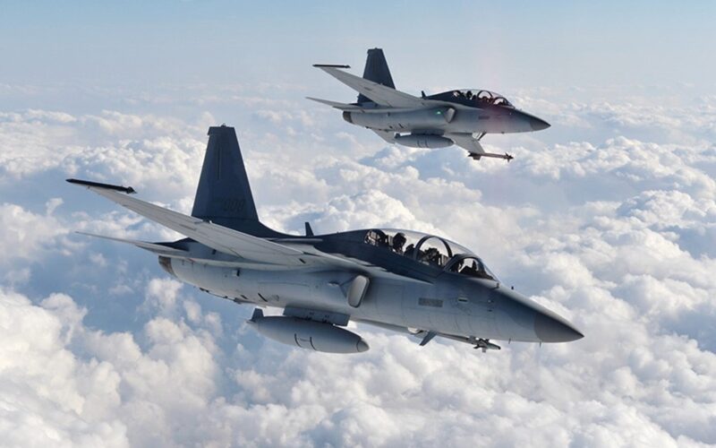 Two KAI FA 50 light combat jet flying in formation Two KAI FA 50 light combat jet flying in formation