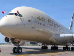 etihad a380 touches down toronto