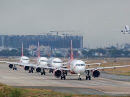 Planes are lining up waiting to take off at Ho Chi Minh international airport