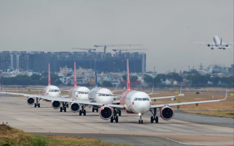 Planes are lining up waiting to take off at Ho Chi Minh international airport
