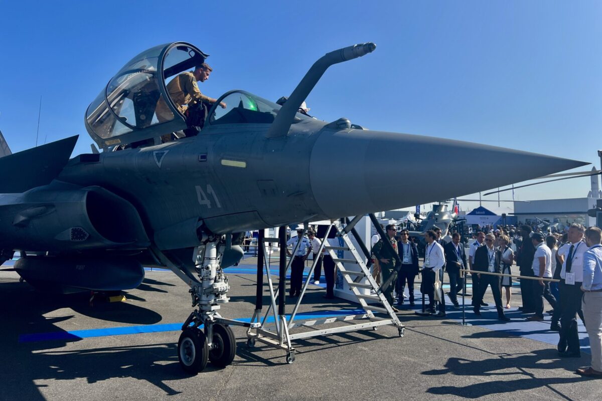 A Dassault Rafale fighter static display at Paris Air Show 2025