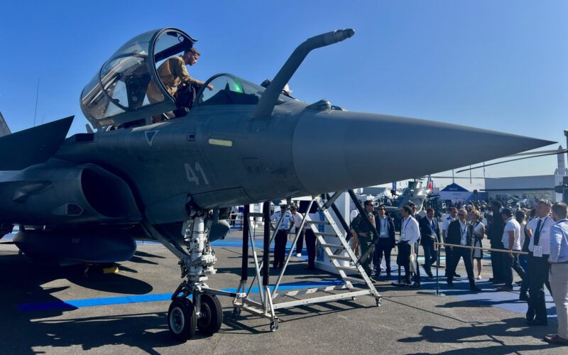 A Dassault Rafale fighter static display at Paris Air Show 2025