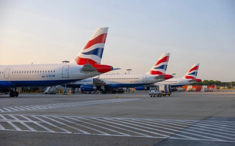 A row of British Airways Airbus A320 parked at gate