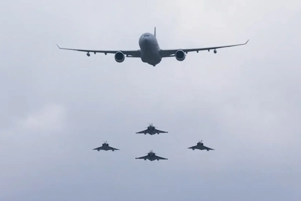 A330 MRTT and fighters during Bastille Day flypast 2025