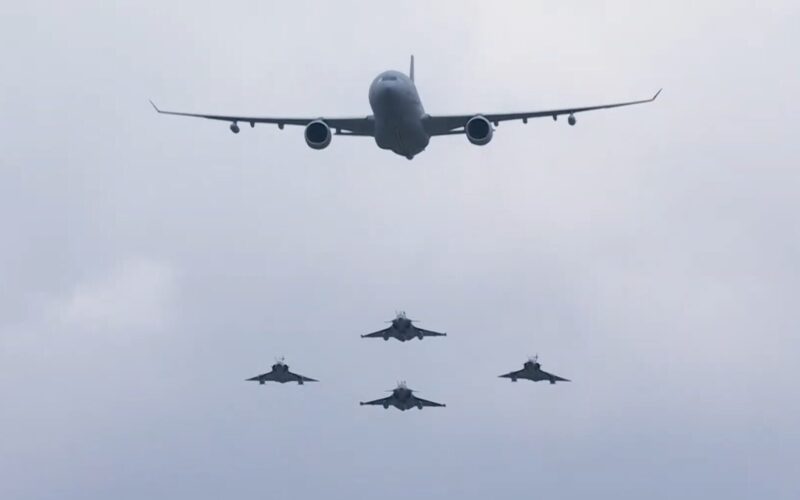 A330 MRTT and fighters during Bastille Day flypast 2025