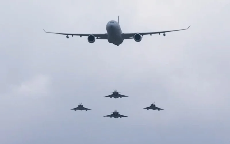 A330 MRTT and fighters during Bastille Day flypast 2025