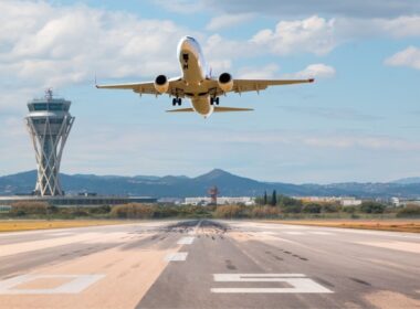 Aircraft about to land at an airport