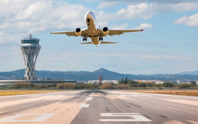 Aircraft about to land at an airport