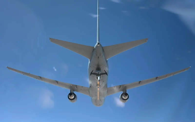 Approaching the KC 46 Pegasus boom for refueling