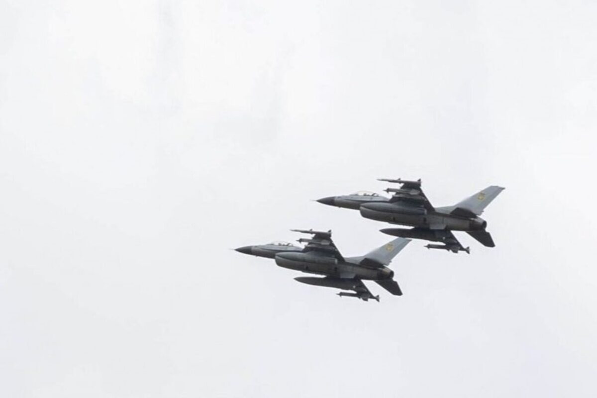 Ukraine Air Force F 16 fighter jets flying in formation
