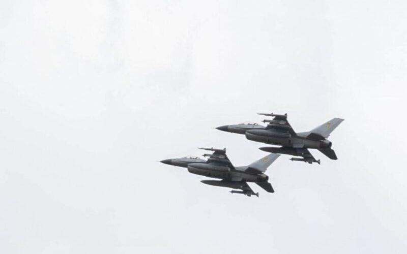 Ukraine Air Force F 16 fighter jets flying in formation