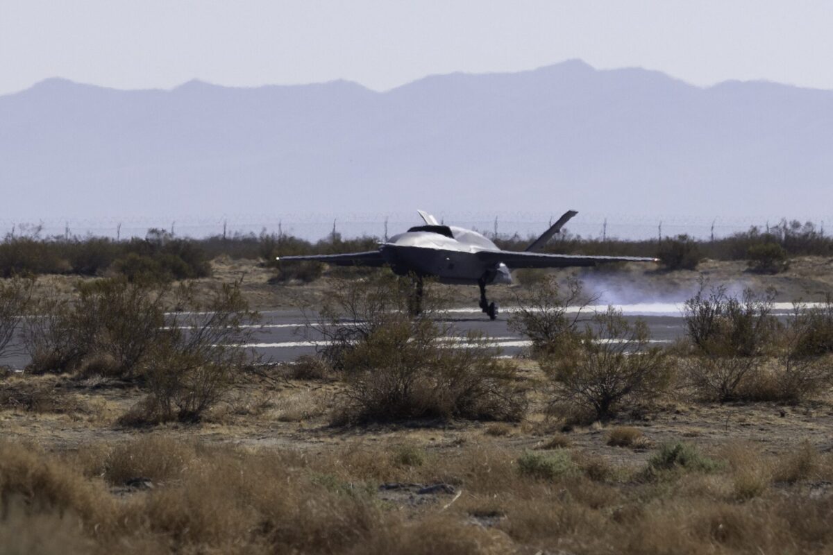 A YFQ 42A Collaborative Combat Aircraft lands after a test flight at a California test location A YFQ 42A Collaborative Combat Aircraft lands after a test flight at a California test location