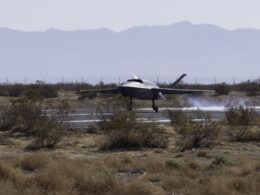 A YFQ 42A Collaborative Combat Aircraft lands after a test flight at a California test location