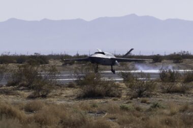A YFQ 42A Collaborative Combat Aircraft lands after a test flight at a California test location