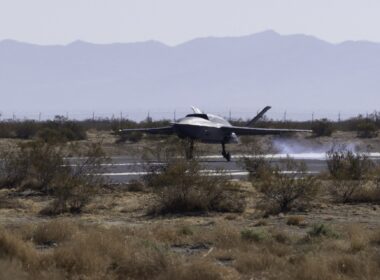A YFQ-42A Collaborative Combat Aircraft lands after a test flight at a California test location