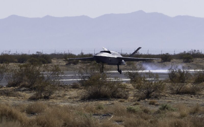 A YFQ 42A Collaborative Combat Aircraft lands after a test flight at a California test location