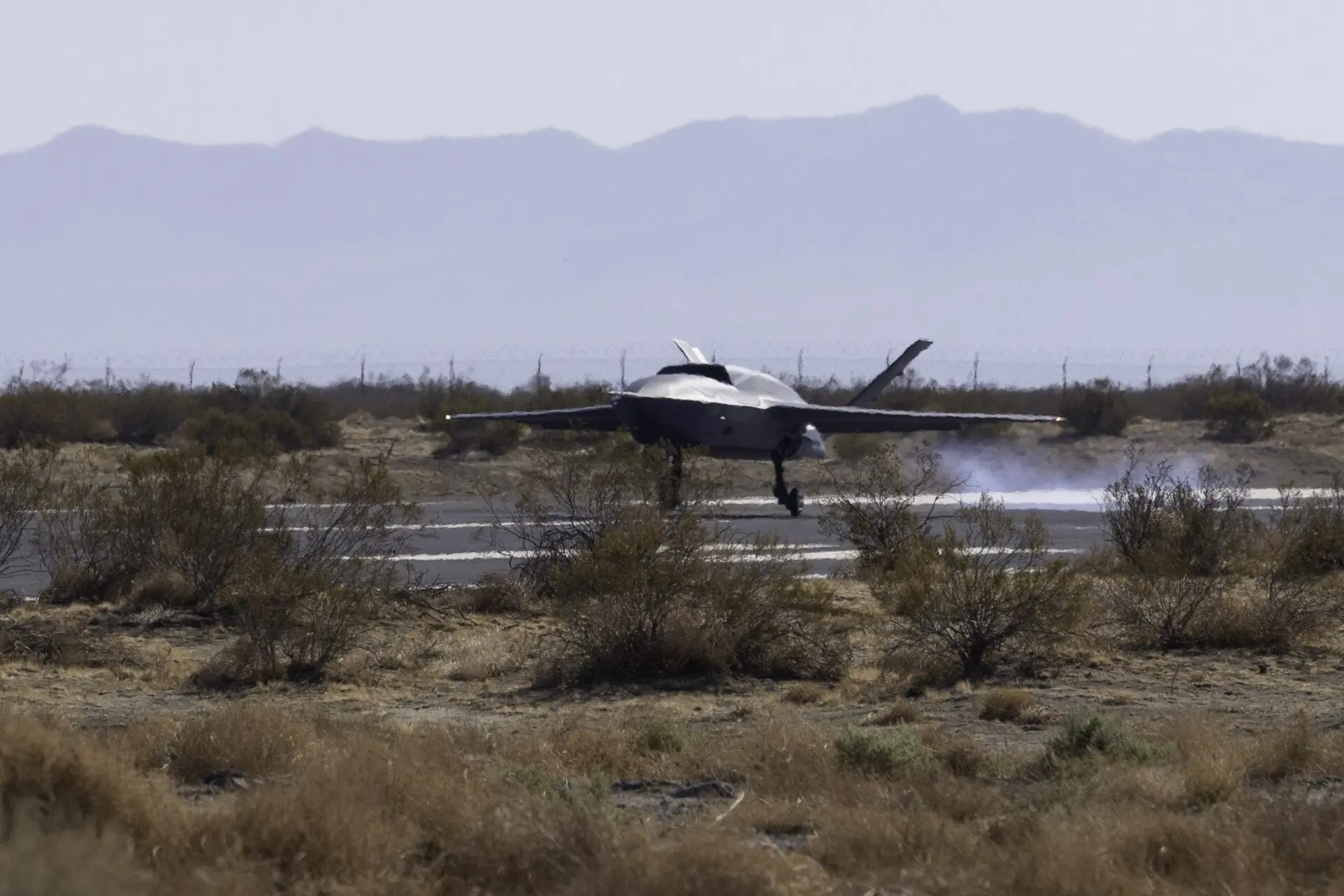A YFQ 42A Collaborative Combat Aircraft lands after a test flight at a California test location