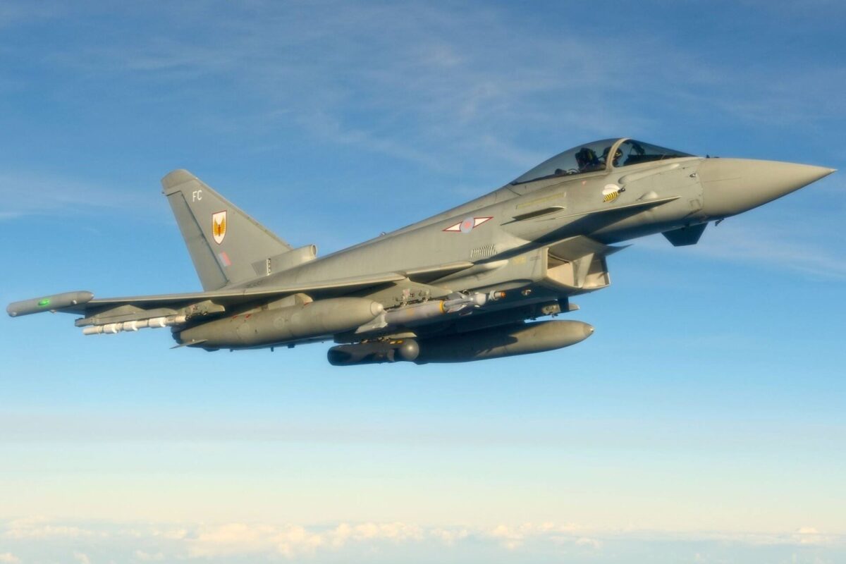 A Royal Air Force Eurofighter Typhoon carries a Paveway IV precision guided bomb