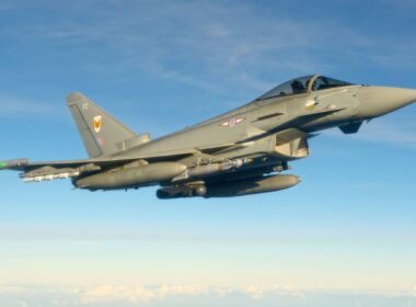 A Royal Air Force Eurofighter Typhoon carries a Paveway IV precision-guided bomb