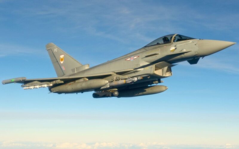 A Royal Air Force Eurofighter Typhoon carries a Paveway IV precision guided bomb