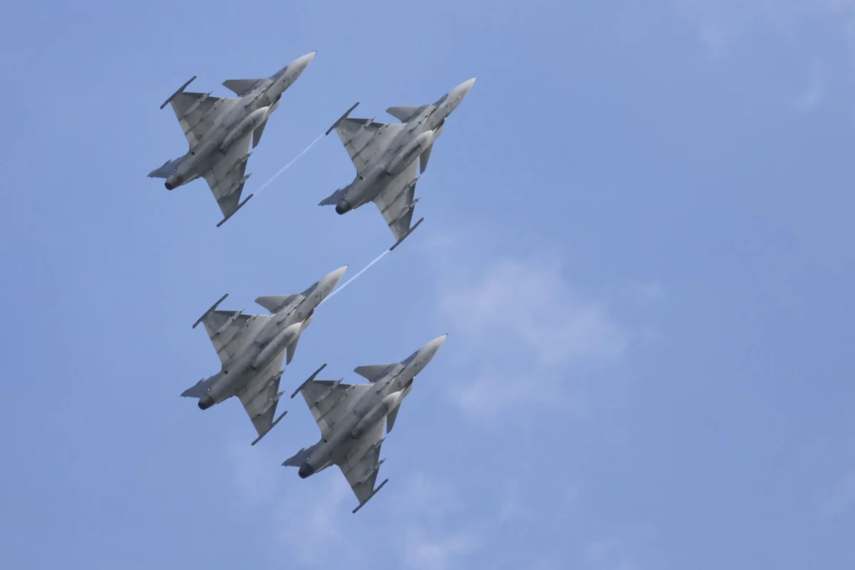 Four Swedish SAAB Jas 39 Gripens flying in formation