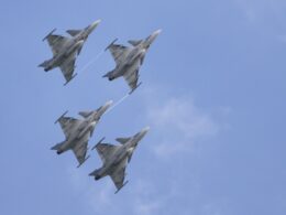 Four Swedish SAAB Jas 39 Gripens flying in formation