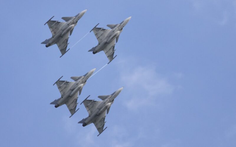 Four Swedish SAAB Jas 39 Gripens flying in formation