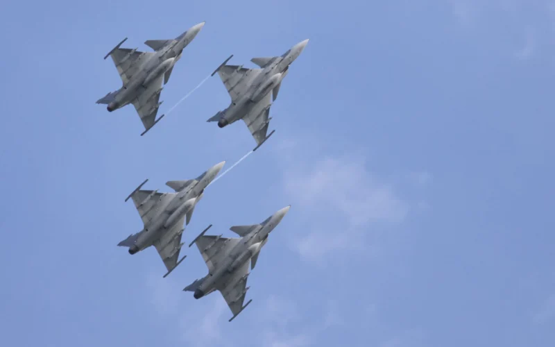 Four Swedish SAAB Jas 39 Gripens flying in formation