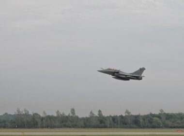 French Strategic Air Forces Rafale B fighter jet deployed to Poland taking off