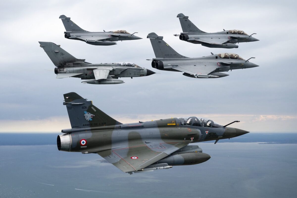 Italian Tornado and French Rafale and Mirage 2000 fighters flying in formation during exercise Volfa 25