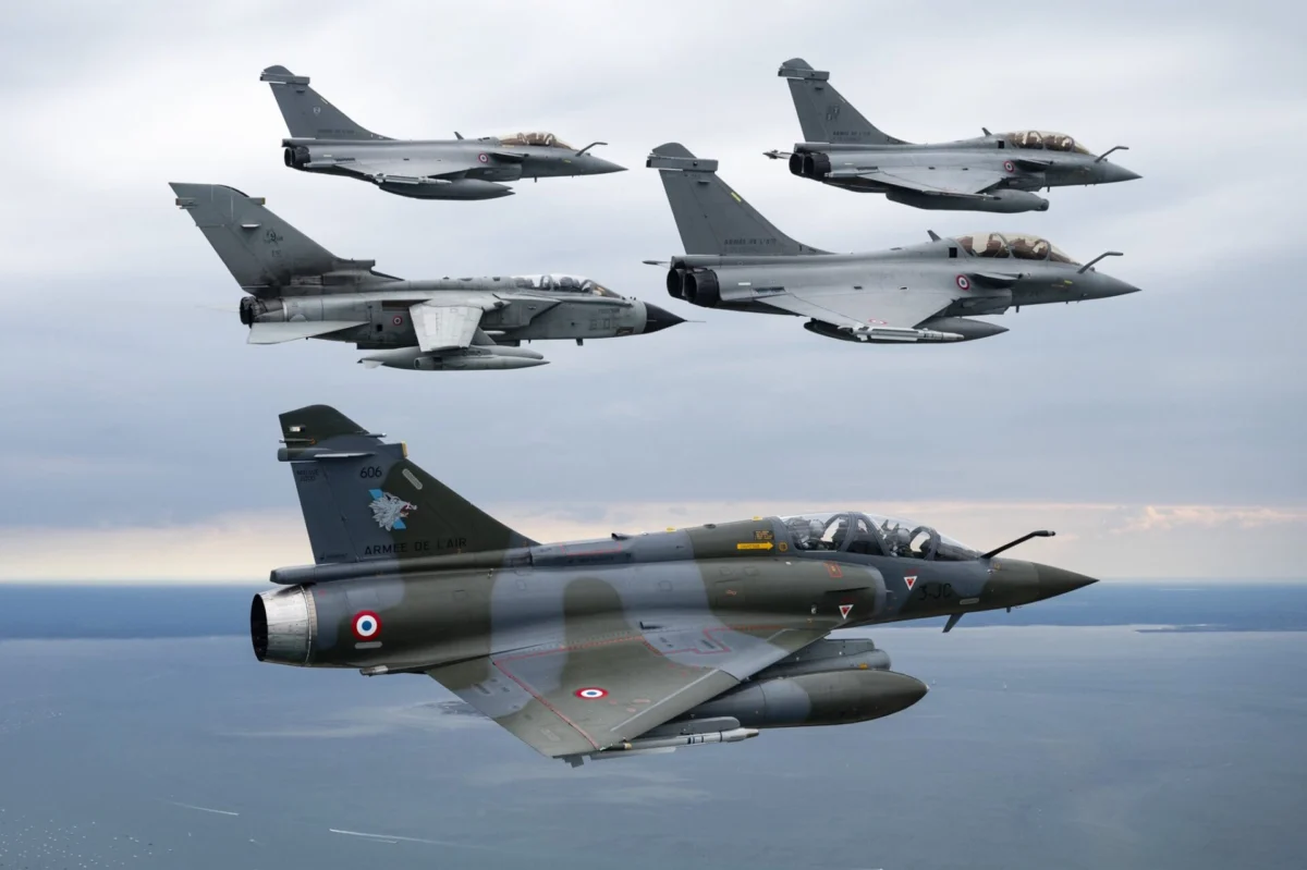 Italian Tornado and French Rafale and Mirage 2000 fighters flying in formation during exercise Volfa 25 Italian Tornado and French Rafale and Mirage 2000 fighters flying in formation during exercise Volfa 25
