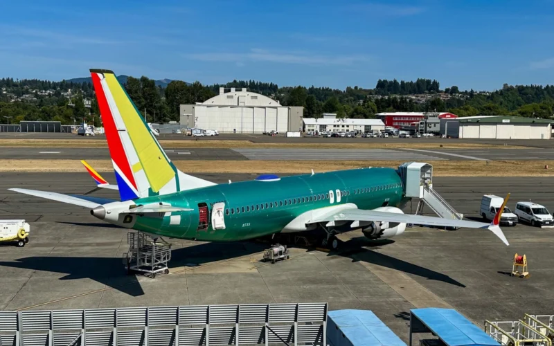 Partially painted Southwest 737 MAX at Boeing production plant