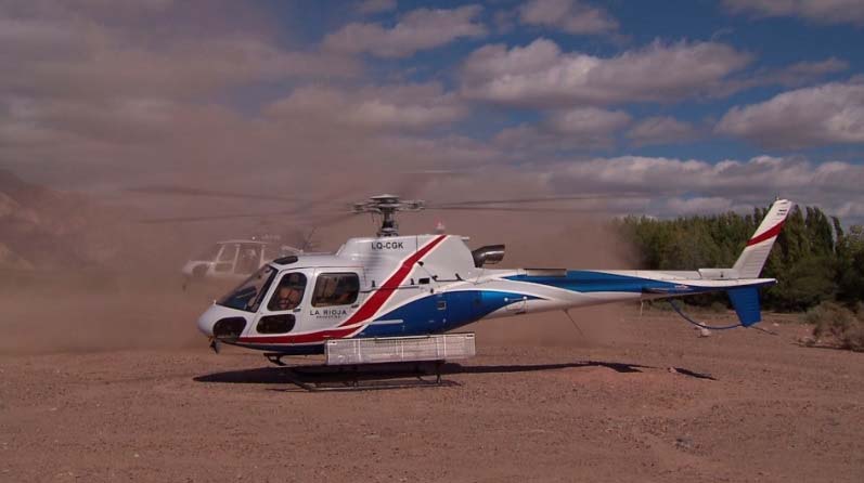 The two Eurocopter AS350 B3 helicopters prior to takeoff