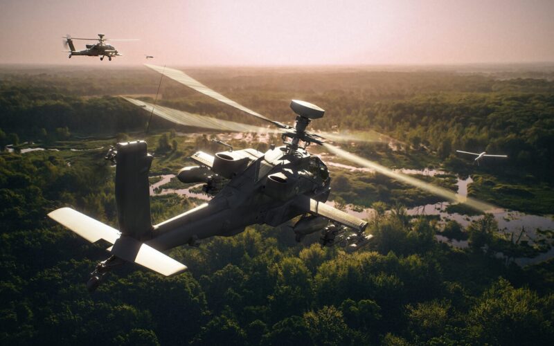 Two Apache attack helicopters flying alongside drones